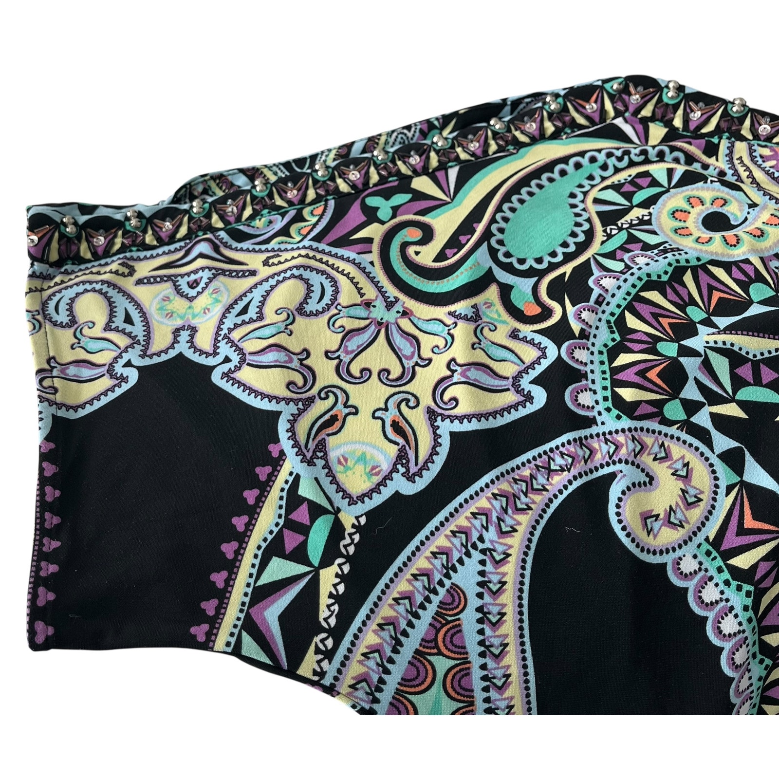 Roz & Ali Cold Shoulder Short Dolman Slv Crew Neck, Woman, 1x, Purple Teal Yell — image 7 of 8